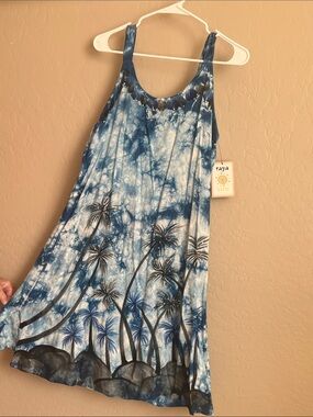 Raya Sun Blue and White Tie-Dye Palm Tree Summer Dress